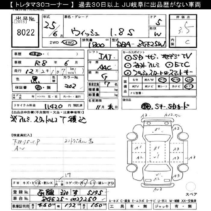 Аукционный лист TOYOTA WISH 2013