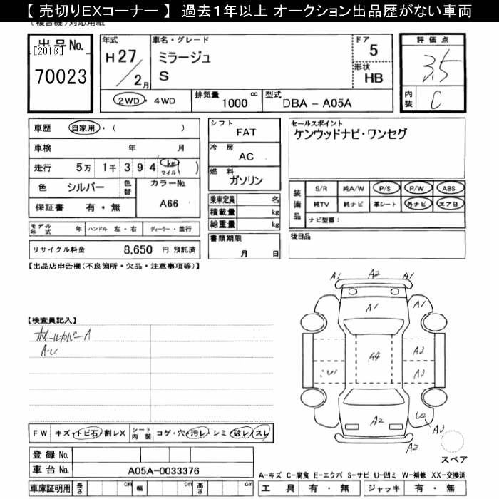 Аукционный лист MITSUBISHI MIRAGE 2015