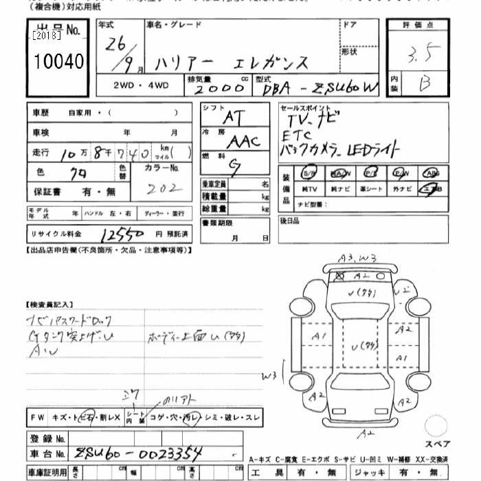 Аукционный лист TOYOTA HARRIER 2014