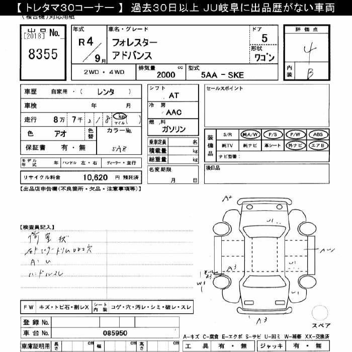 Аукционный лист SUBARU FORESTER 2022