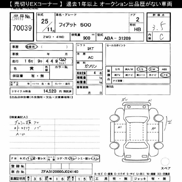Аукционный лист FIAT 500 2013