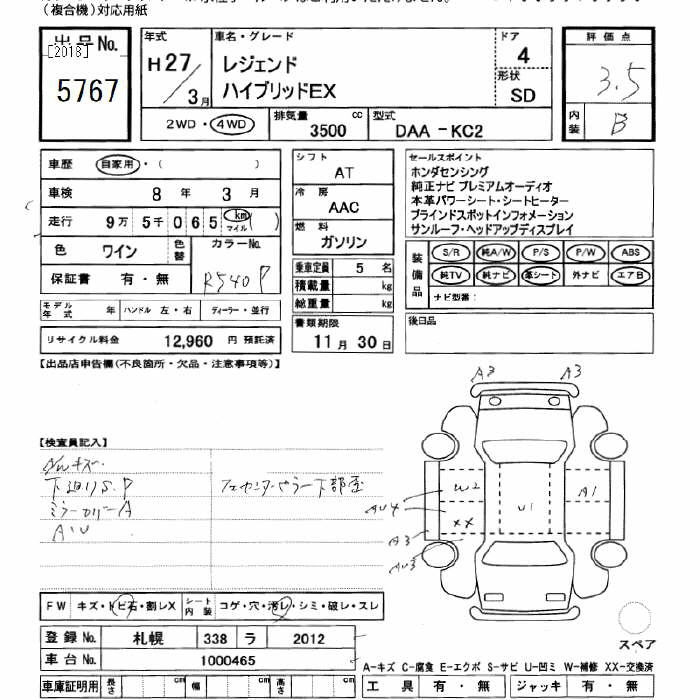 Аукционный лист HONDA LEGEND 2015