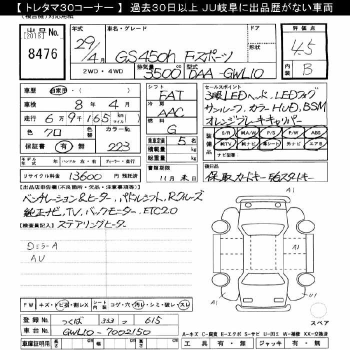 Аукционный лист LEXUS GS 2017