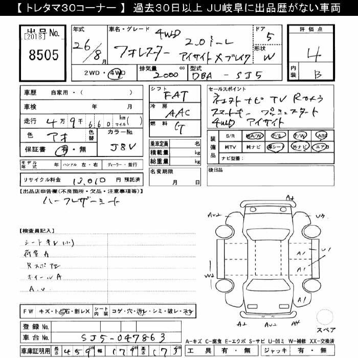 Аукционный лист SUBARU FORESTER 2014