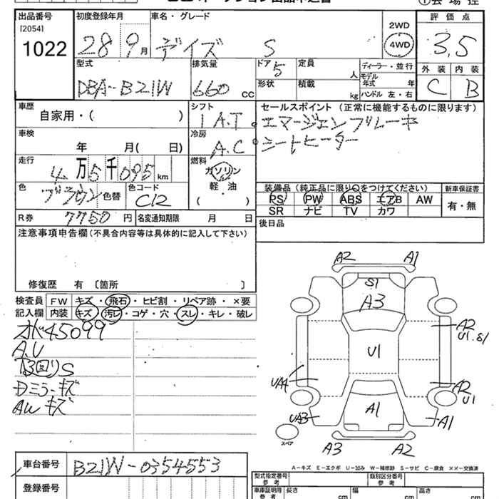 Аукционный лист NISSAN DAYZ 2016