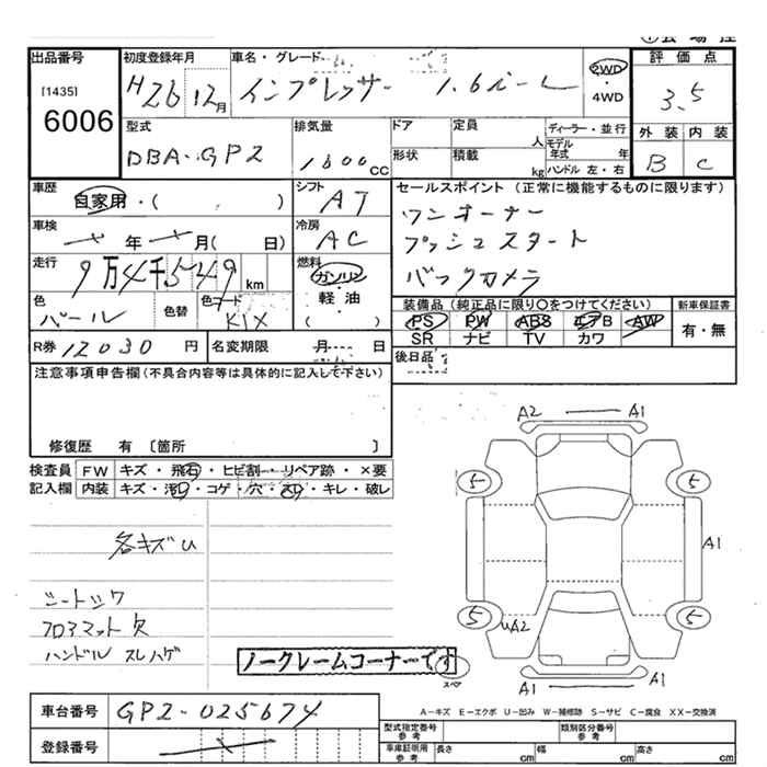 Аукционный лист SUBARU IMPREZA 2014
