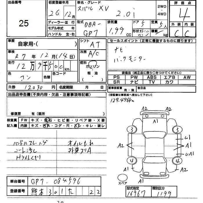 Аукционный лист SUBARU XV 2014