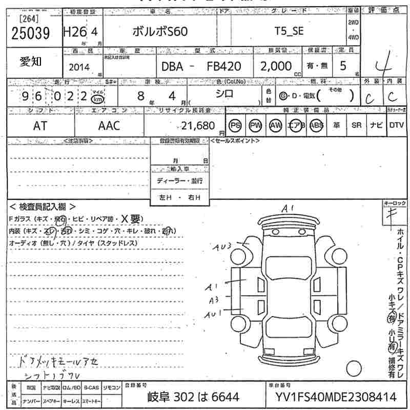 Аукционный лист VOLVO S60 2014