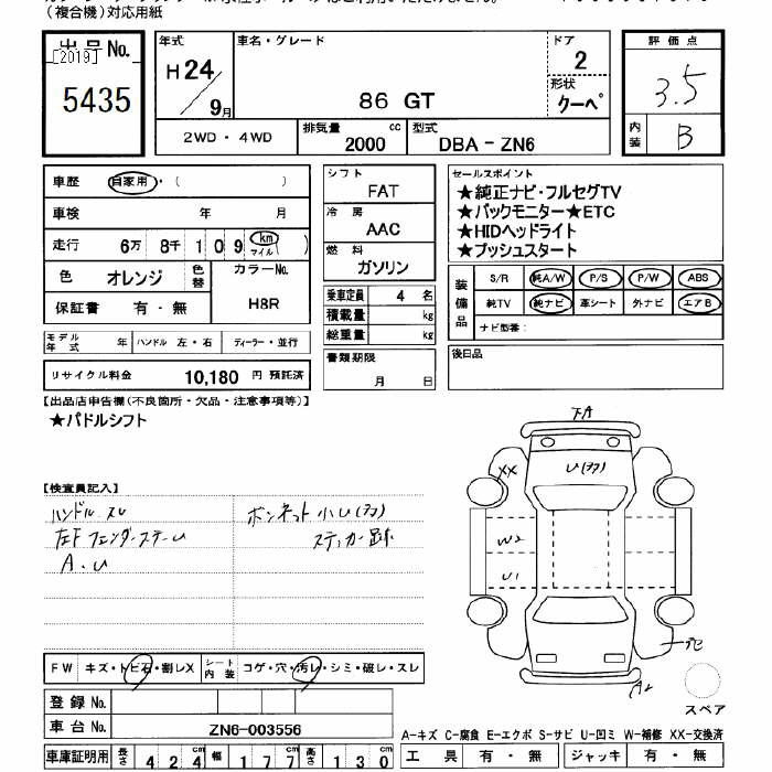Аукционный лист TOYOTA 86 2012