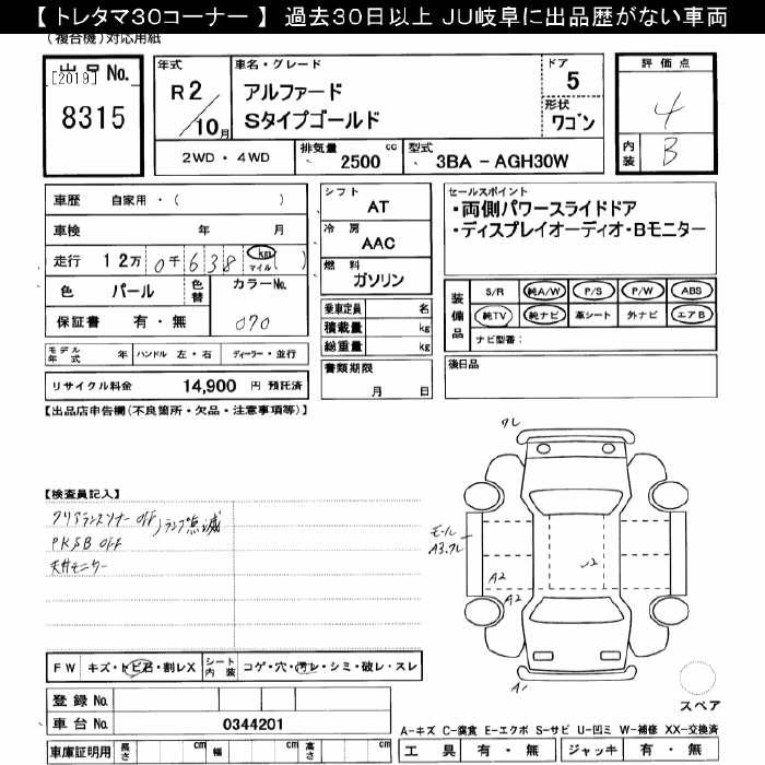 Аукционный лист TOYOTA ALPHARD 2020