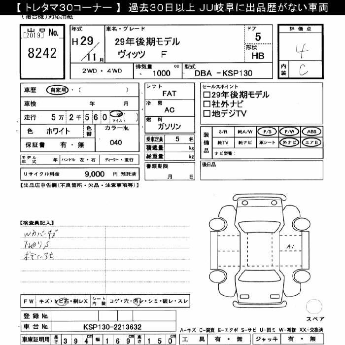 Аукционный лист TOYOTA VITZ 2017