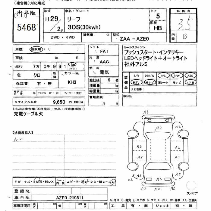 Аукционный лист NISSAN LEAF 2017