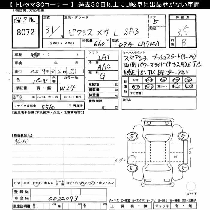 Аукционный лист TOYOTA PIXIS MEGA 2019