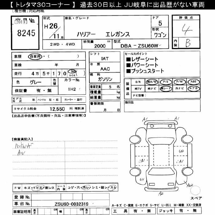 Аукционный лист TOYOTA HARRIER 2014