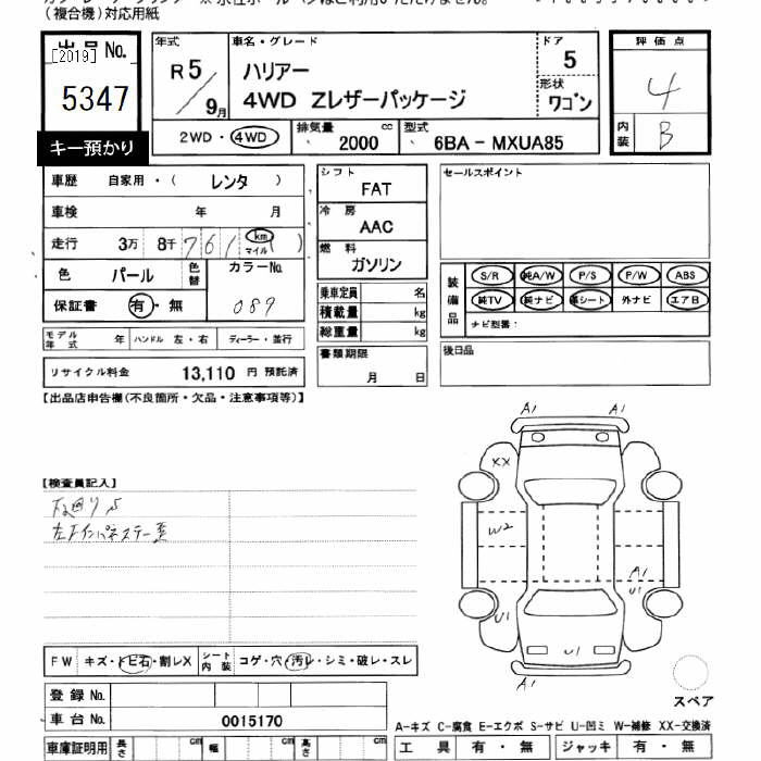 Аукционный лист TOYOTA HARRIER 2023