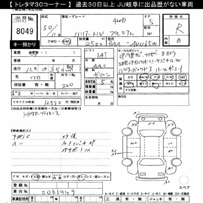Аукционный лист TOYOTA HARRIER 2018