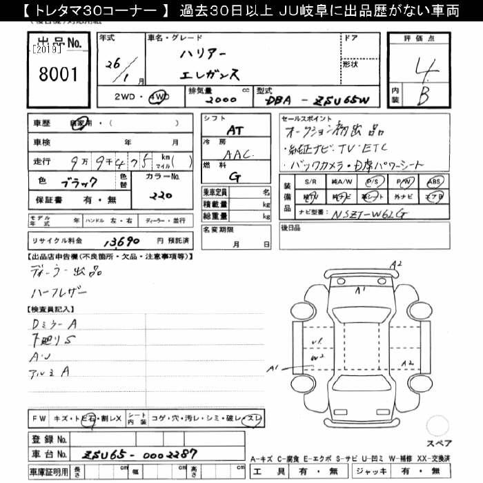 Аукционный лист TOYOTA HARRIER 2014
