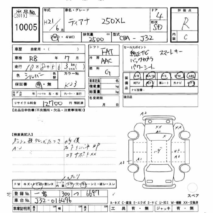 Аукционный лист NISSAN TEANA 2009