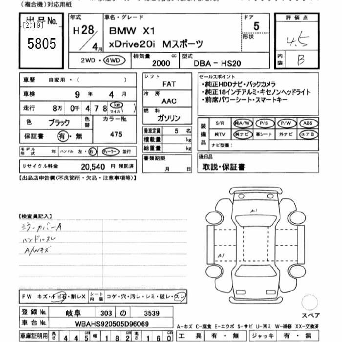 Аукционный лист BMW X1 2016