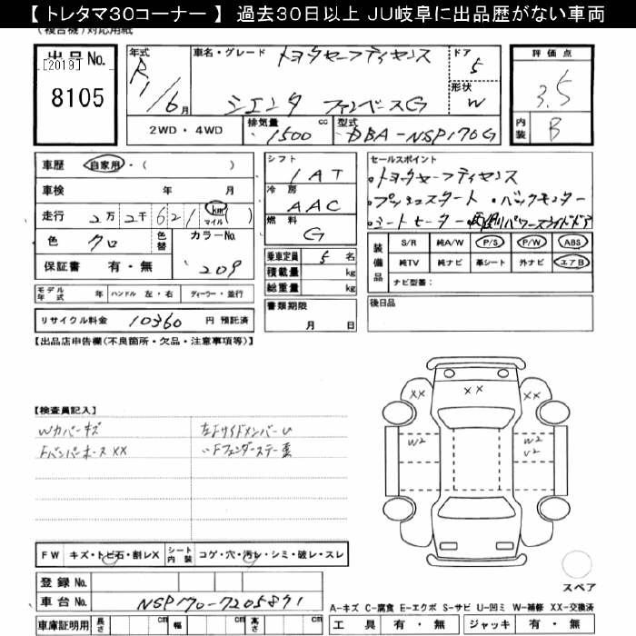 Аукционный лист TOYOTA SIENTA 2019