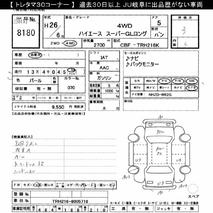 Аукционный лист TOYOTA HIACE VAN 2014