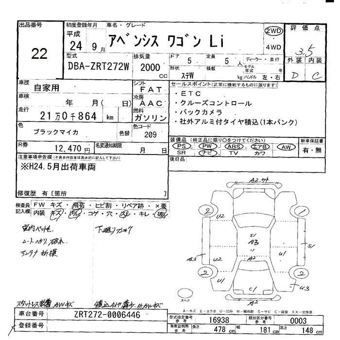 Аукционный лист TOYOTA AVENSIS WAGON 2012