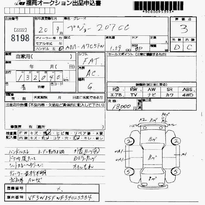 Аукционный лист PEUGEOT 207 2008