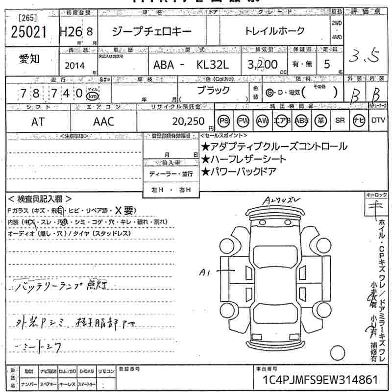 Аукционный лист CHRYSLER JEEP CHEROKEE 2014