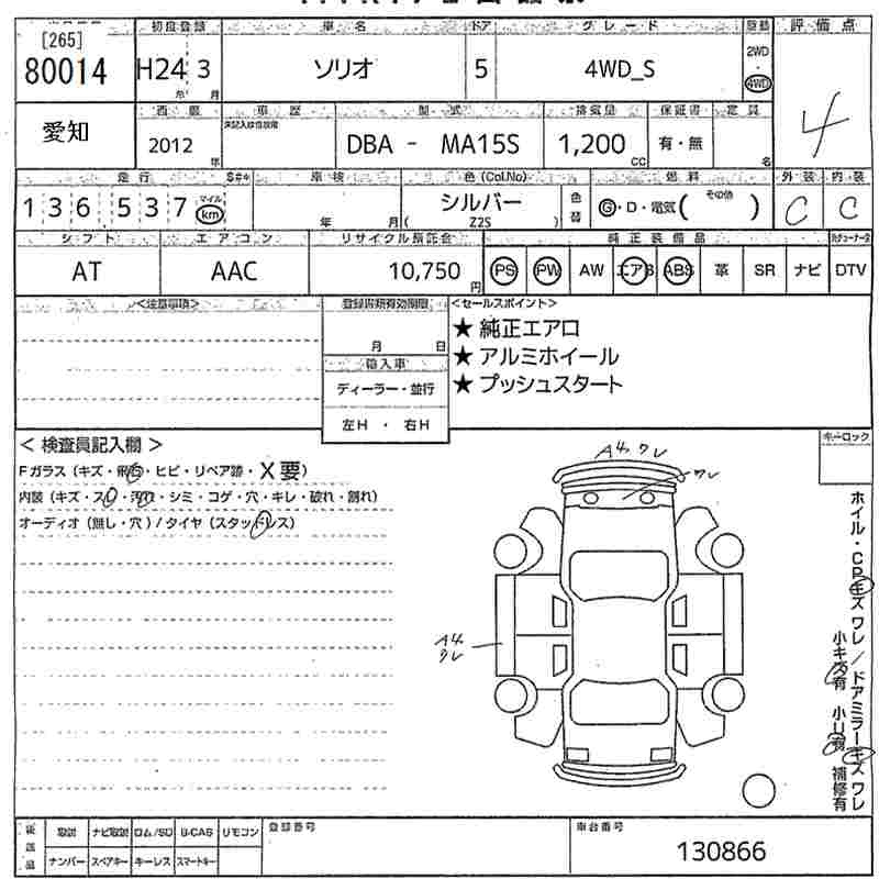 Аукционный лист SUZUKI SOLIO 2012