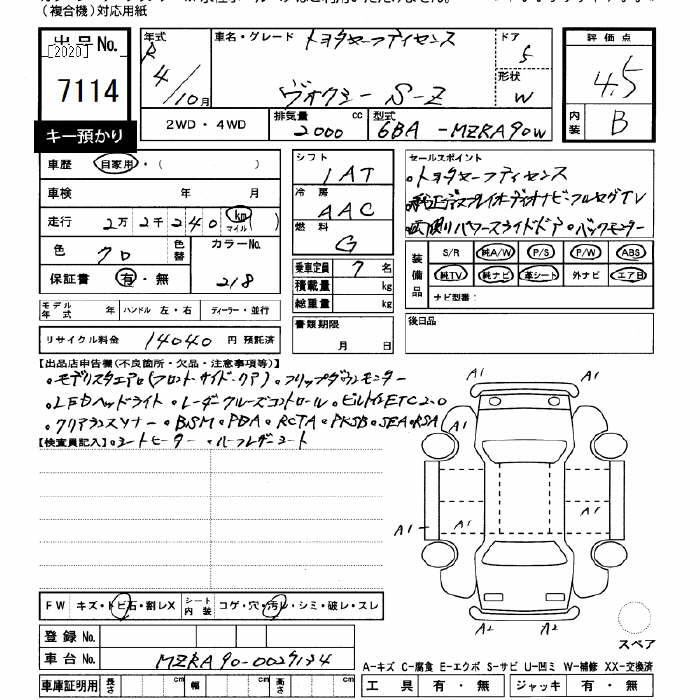 Аукционный лист TOYOTA VOXY 2022