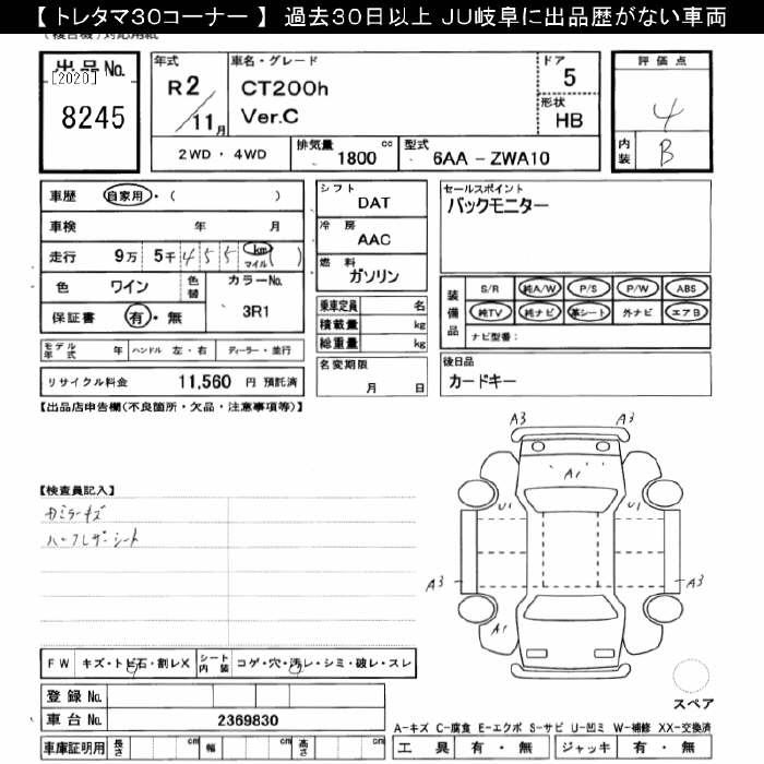 Аукционный лист LEXUS CT 2020