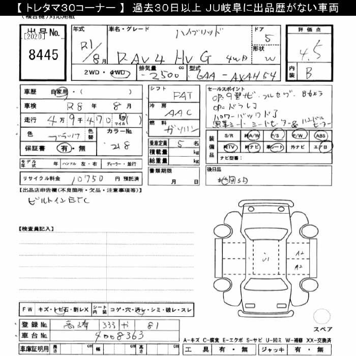 Аукционный лист TOYOTA RAV4 2019