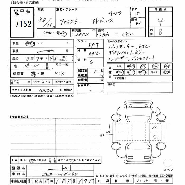 Аукционный лист SUBARU FORESTER 2018