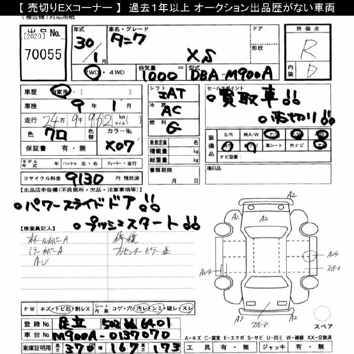 Аукционный лист TOYOTA TANK 2018