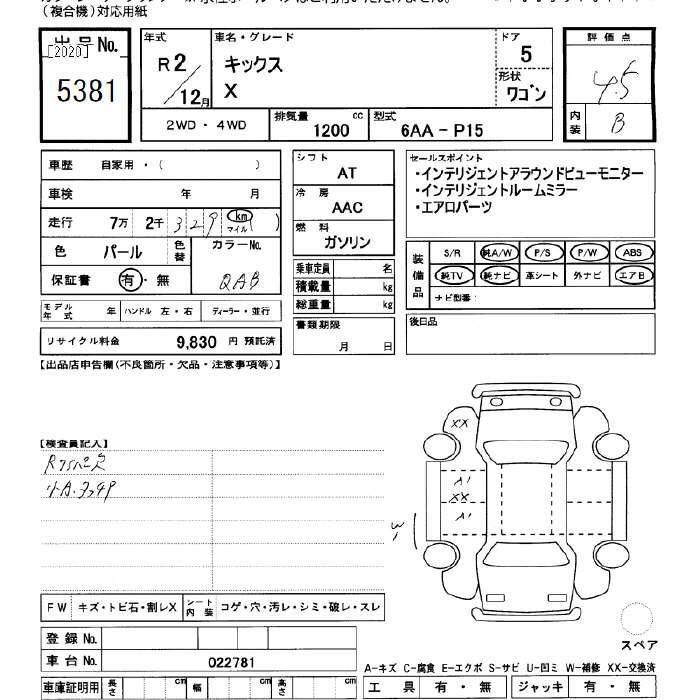 Аукционный лист NISSAN KIX 2020