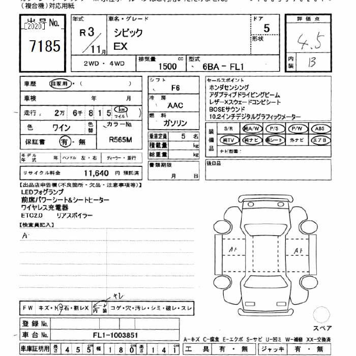 Аукционный лист HONDA CIVIC 2021