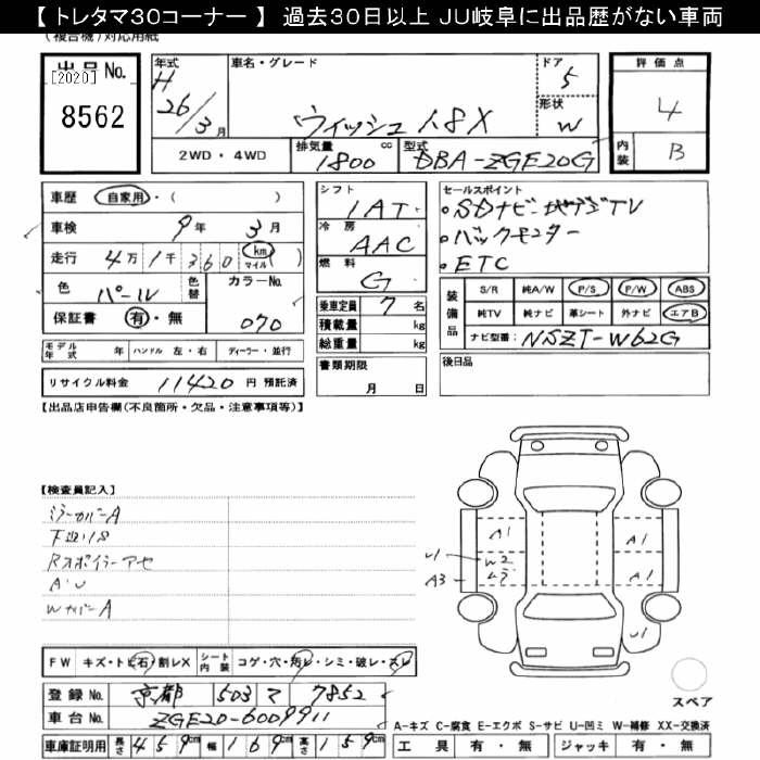 Аукционный лист TOYOTA WISH 2014