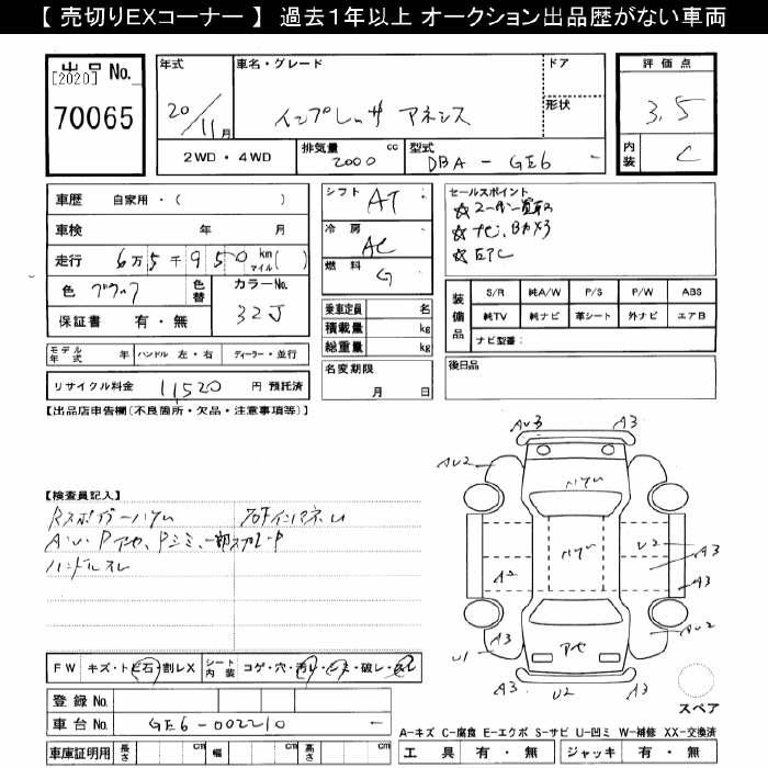 Аукционный лист SUBARU IMPREZA 2008
