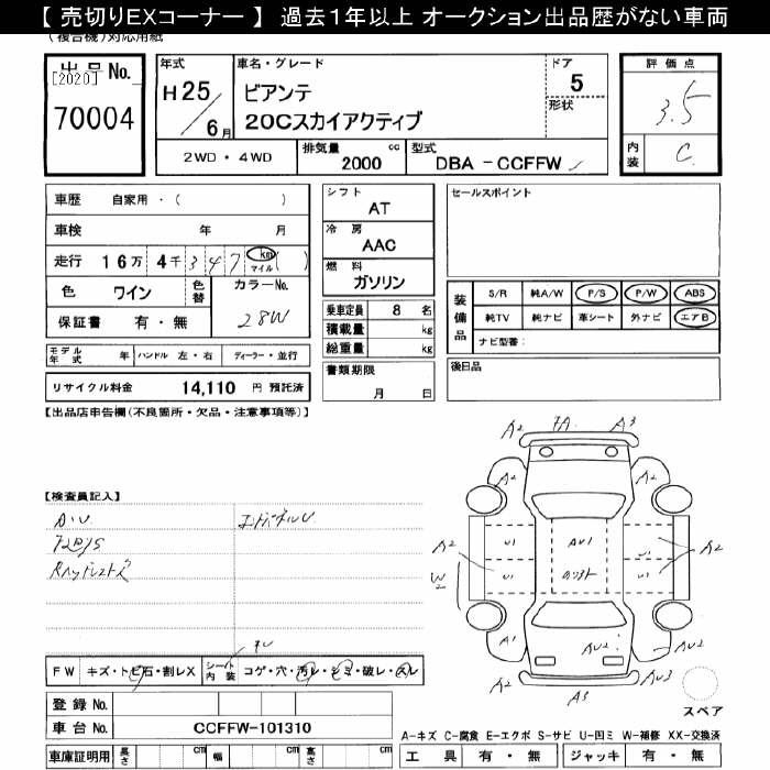 Аукционный лист MAZDA BIANTE 2013