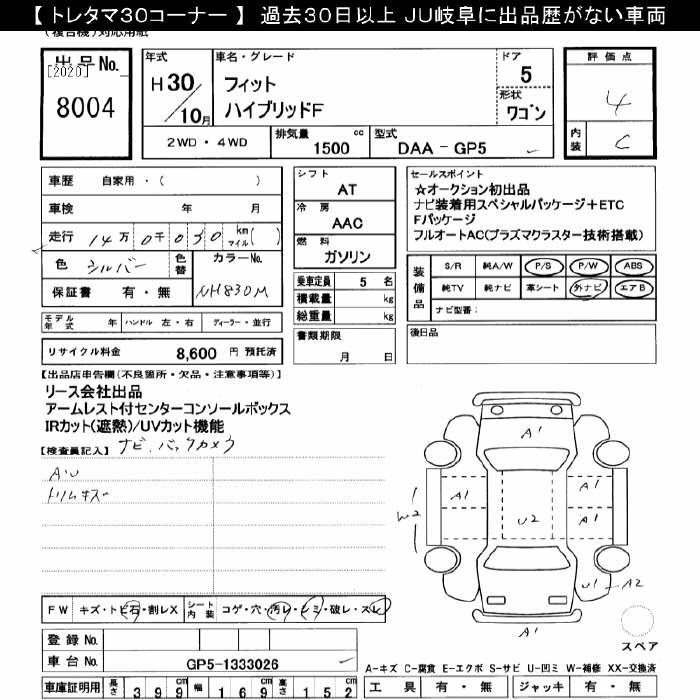 Аукционный лист HONDA FIT 2018