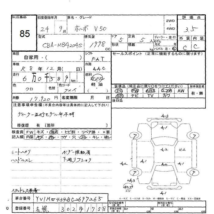 Аукционный лист VOLVO V50 2012