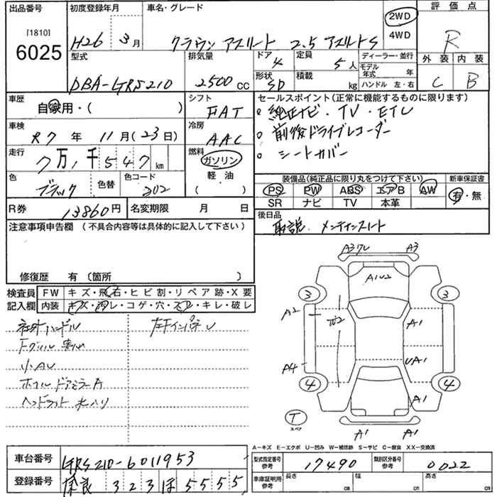 Аукционный лист TOYOTA CROWN 2014