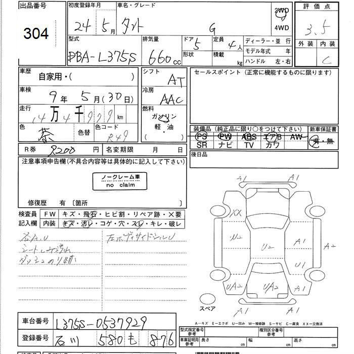 Аукционный лист DAIHATSU TANTO 2012