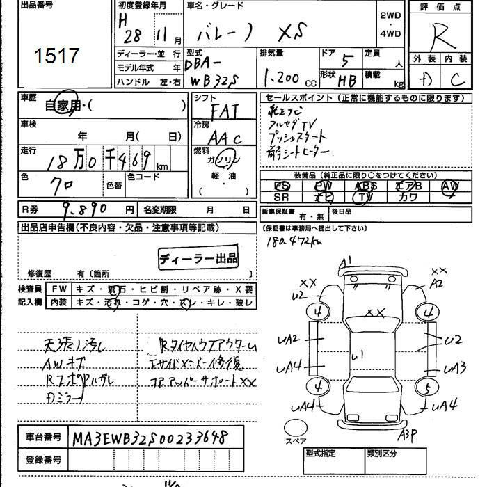 Аукционный лист SUZUKI BALENO 2016