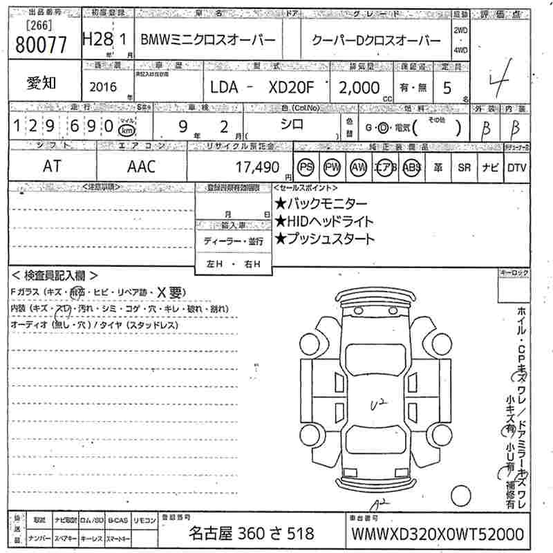 Аукционный лист BMW MINI 2016