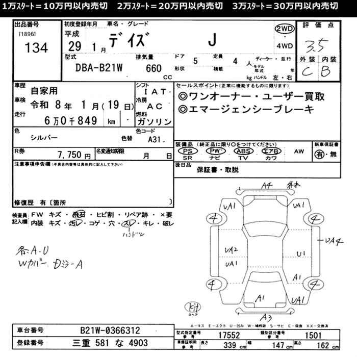 Аукционный лист NISSAN DAYZ 2017