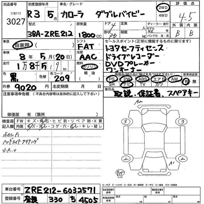 Аукционный лист TOYOTA COROLLA 2021
