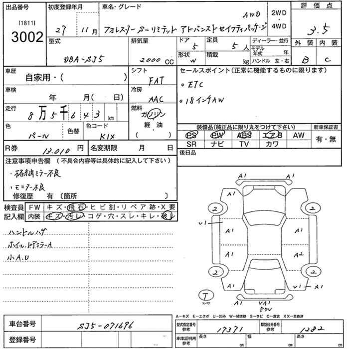 Аукционный лист SUBARU FORESTER 2015