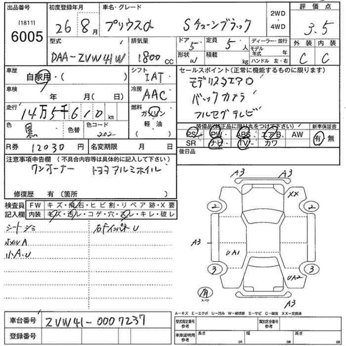 Аукционный лист TOYOTA PRIUS ALPHA 2014