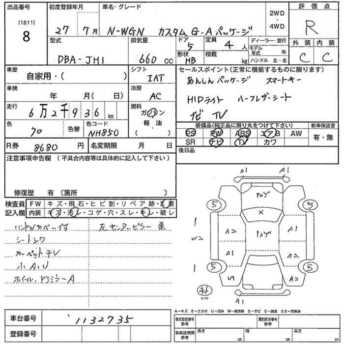 Аукционный лист HONDA N WGN 2015